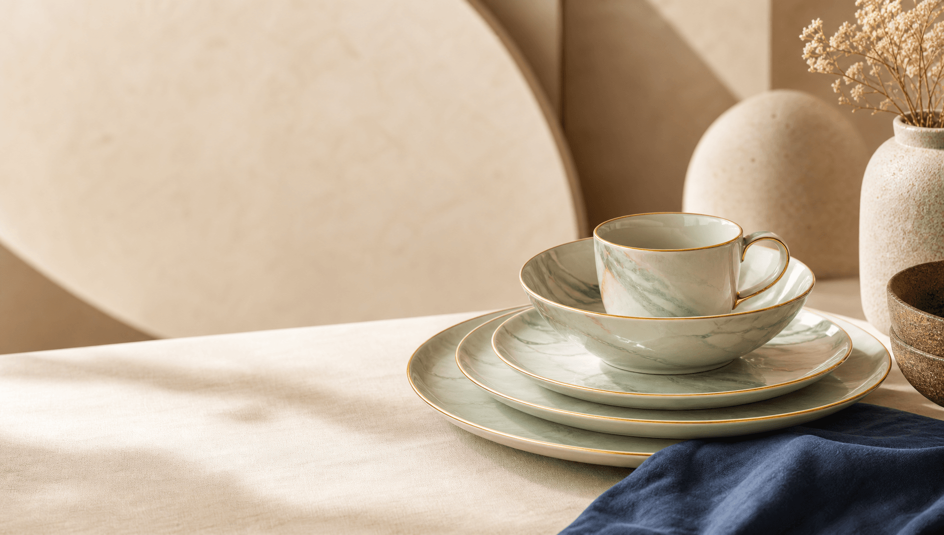 A celadon-glazed dinner set on a bisque linen table